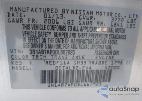 2013 Nissan Sentra Sv from USA, damaged, VIN 3N1AB7AP0DL667925